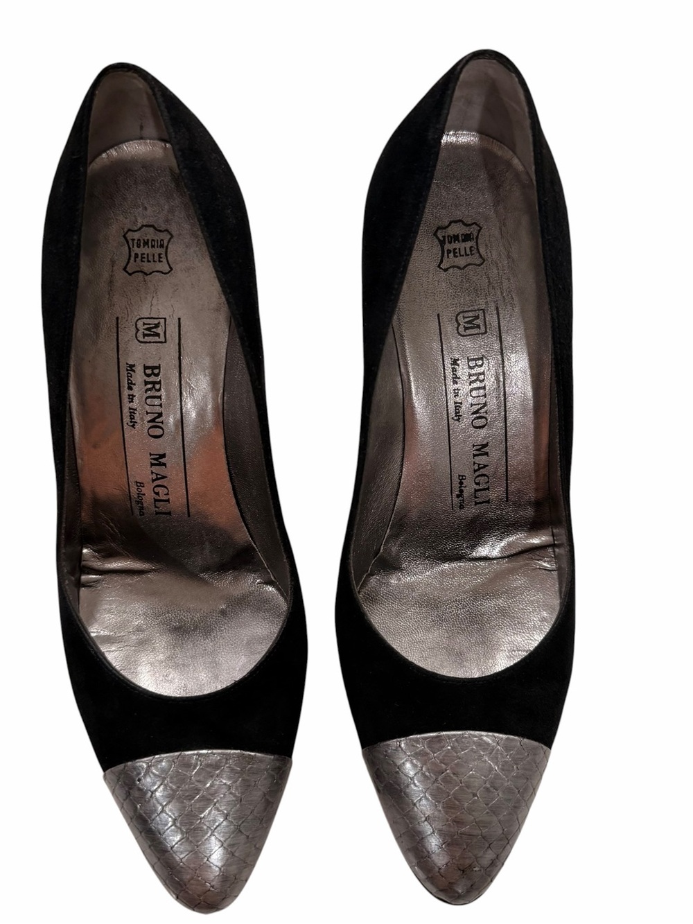 VTG Bruno Magli Black Suede Pumps Silver Snakeskin Cap Toe Italy Size 6